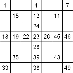 31 «От одного до 49». Заполните пустые клетки таким образом, чтобы все числа были соединены последовательно, по горизонтали или вертикали. Перемещение по диагонали не допускается.