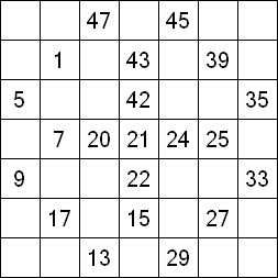 8 «От одного до 49». Заполните пустые клетки таким образом, чтобы все числа были соединены последовательно, по горизонтали или вертикали. Перемещение по диагонали не допускается.