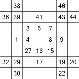 48 «От одного до 49». Заполните пустые клетки таким образом, чтобы все числа были соединены последовательно, по горизонтали или вертикали. Перемещение по диагонали не допускается.