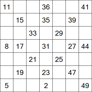 82 «От одного до 49». Заполните пустые клетки таким образом, чтобы все числа были соединены последовательно, по горизонтали или вертикали. Перемещение по диагонали не допускается.