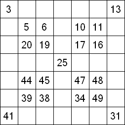 26 «От одного до 49». Заполните пустые клетки таким образом, чтобы все числа были соединены последовательно, по горизонтали или вертикали. Перемещение по диагонали не допускается.