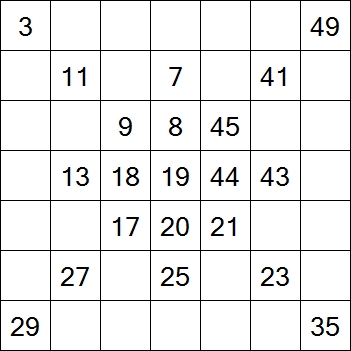 74 «От одного до 49». Заполните пустые клетки таким образом, чтобы все числа были соединены последовательно, по горизонтали или вертикали. Перемещение по диагонали не допускается.