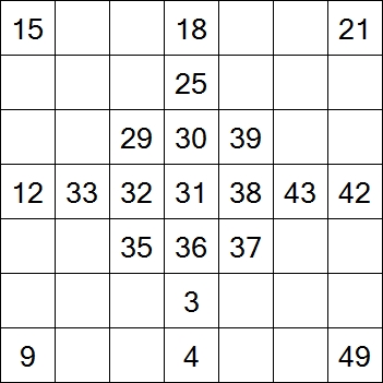 71 «От одного до 49». Заполните пустые клетки таким образом, чтобы все числа были соединены последовательно, по горизонтали или вертикали. Перемещение по диагонали не допускается.