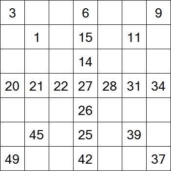 81 «От одного до 49». Заполните пустые клетки таким образом, чтобы все числа были соединены последовательно, по горизонтали или вертикали. Перемещение по диагонали не допускается.
