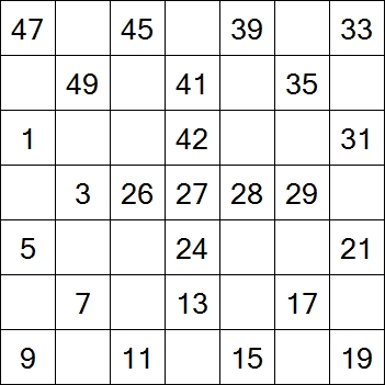 86 «От одного до 49». Заполните пустые клетки таким образом, чтобы все числа были соединены последовательно, по горизонтали или вертикали. Перемещение по диагонали не допускается.