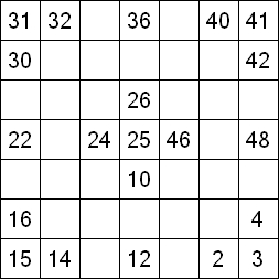 23 «От одного до 49». Заполните пустые клетки таким образом, чтобы все числа были соединены последовательно, по горизонтали или вертикали. Перемещение по диагонали не допускается.