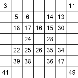 2«От одного до 49». Заполните пустые клетки таким образом, чтобы все числа были соединены последовательно, по горизонтали или вертикали. Перемещение по диагонали не допускается. 