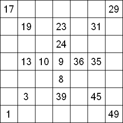 11 «От одного до 49». Заполните пустые клетки таким образом, чтобы все числа были соединены последовательно, по горизонтали или вертикали. Перемещение по диагонали не допускается.