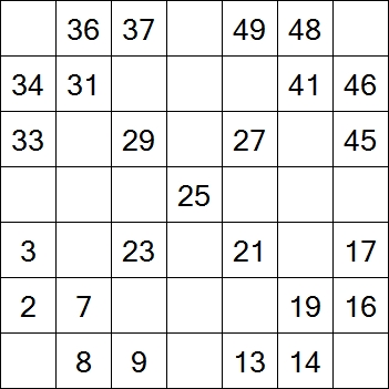 89 «От одного до 49». Заполните пустые клетки таким образом, чтобы все числа были соединены последовательно, по горизонтали или вертикали. Перемещение по диагонали не допускается.
