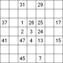 21 «От одного до 49». Заполните пустые клетки таким образом, чтобы все числа были соединены последовательно, по горизонтали или вертикали. Перемещение по диагонали не допускается.